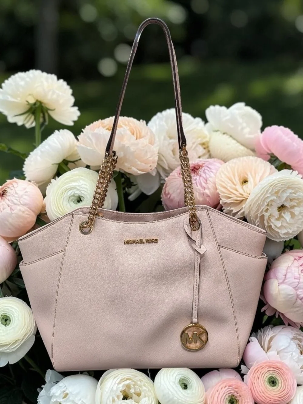 Michael Kors Pale Pink Saffiano Leather Shoulder Tote with Gold Hardware